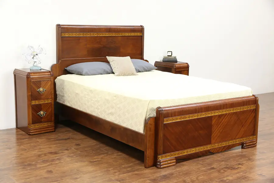 Photo of Art Deco Waterfall Bedroom Set, 1935 Vintage Queen Size Bed & Pair Nightstands