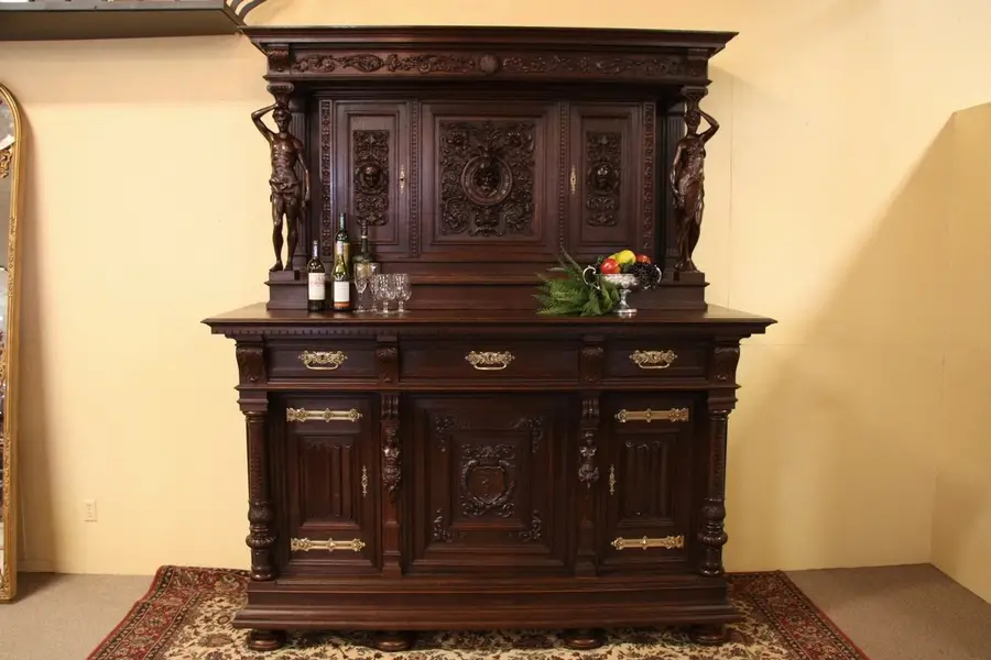 Photo of Backbar Sideboard, Beautiful Carved Oak Statues