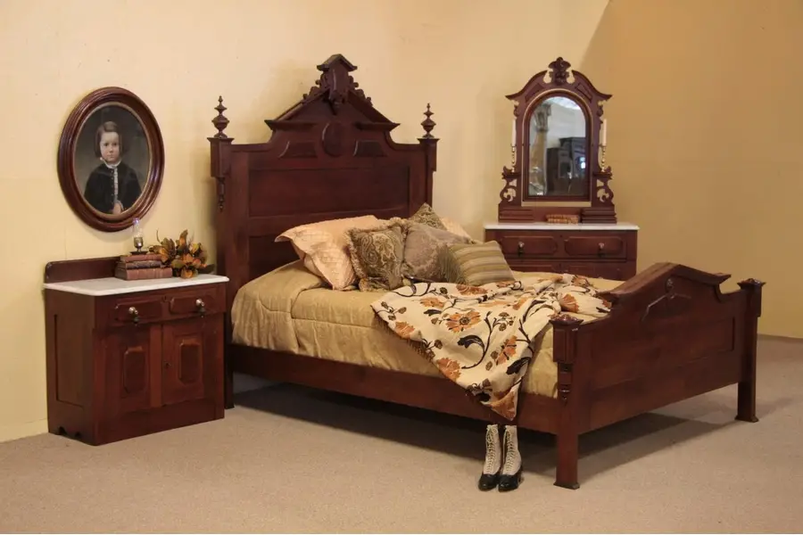 Photo of Victorian Queen Size 3 Pc. Bedroom Set, Marble Tops