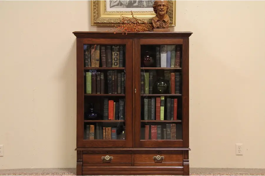 Photo of Victorian Oak Bookcase, Glass Doors