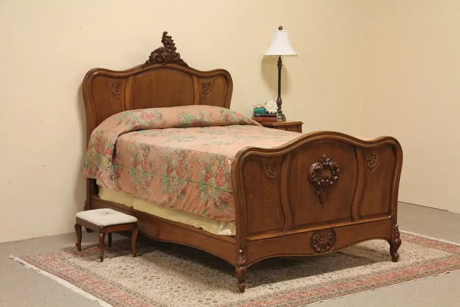 Photo of Country French Carved Antique Oak Bed