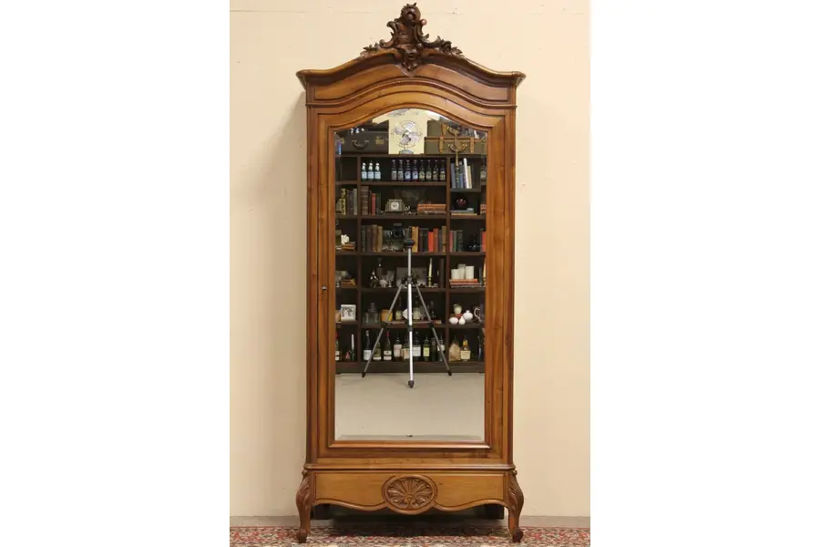 Photo of Carved French Walnut Antique 1900 Armoire, Mirror Door