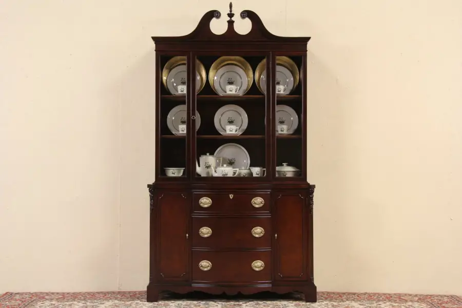 Photo of Mahogany Traditional 1940's Vintage Breakfront China Display Cabinet