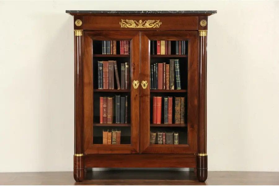 Photo of French Empire 1900 Antique Marble Top Bookcase or Curio Display Cabinet
