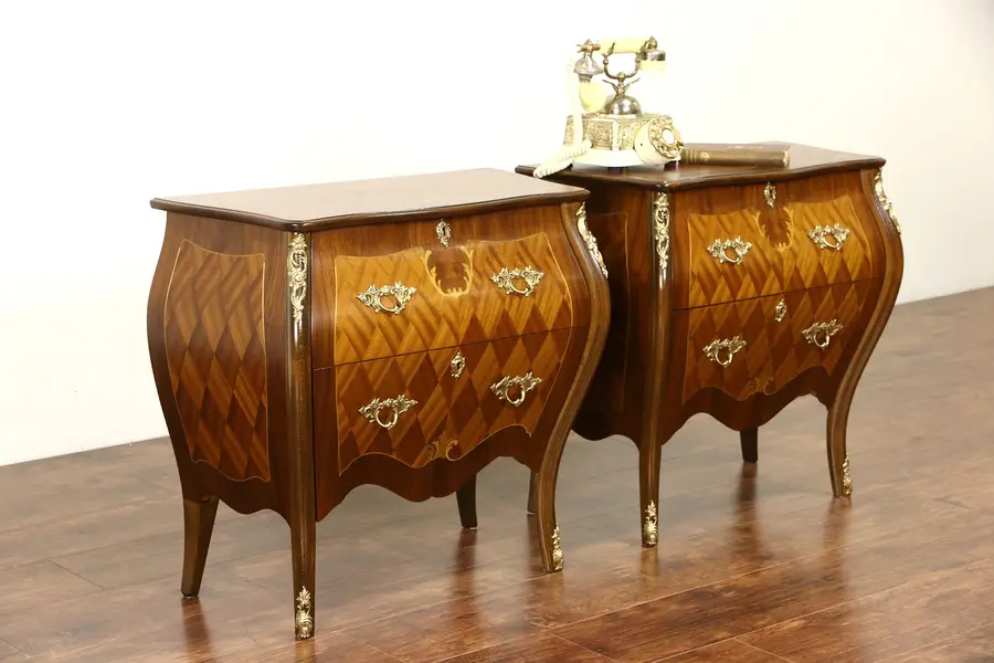 Photo of Pair of Italian Vintage Bombe Nightstands or Small Chests, Marquetry