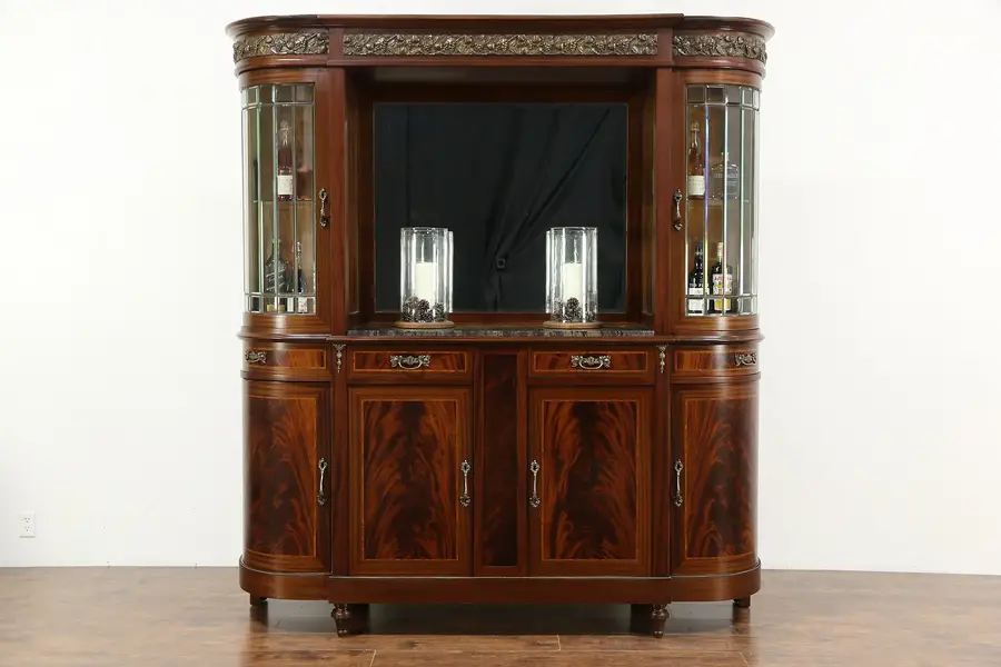 Photo of Back Bar China Cabinet & Sideboard, Marble, Bronze Grapes & Leaded Glass, Italy