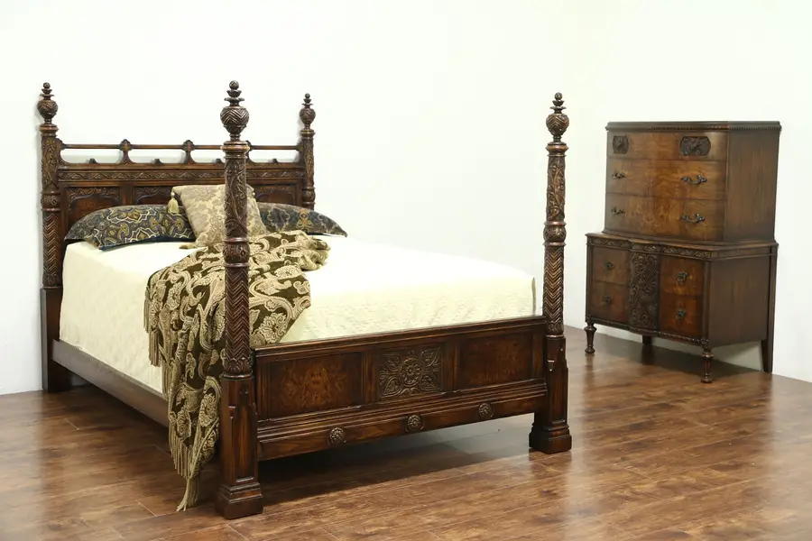 Photo of Bedroom Set, Carved Vintage Tall Chest & Poster Bed, Signed Romweber