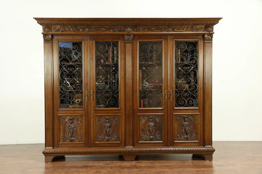 Photo of Italian Antique Library Bookcase, Carved Figures & Lions, Signed