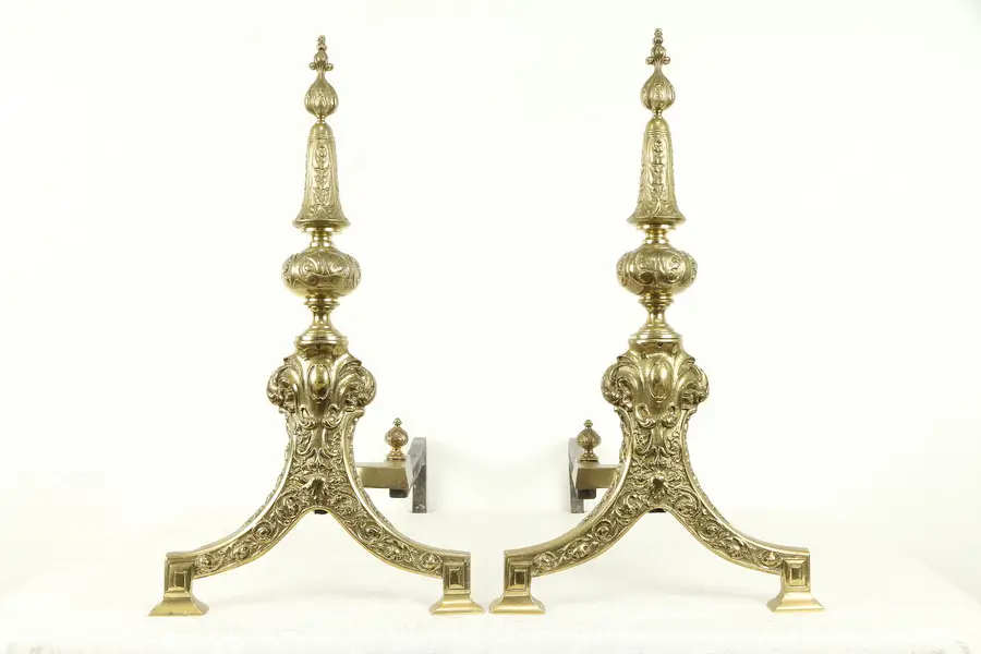 Photo of Pair of Brass Antique Fireplace Hearth Andirons, Iron Log Rests
