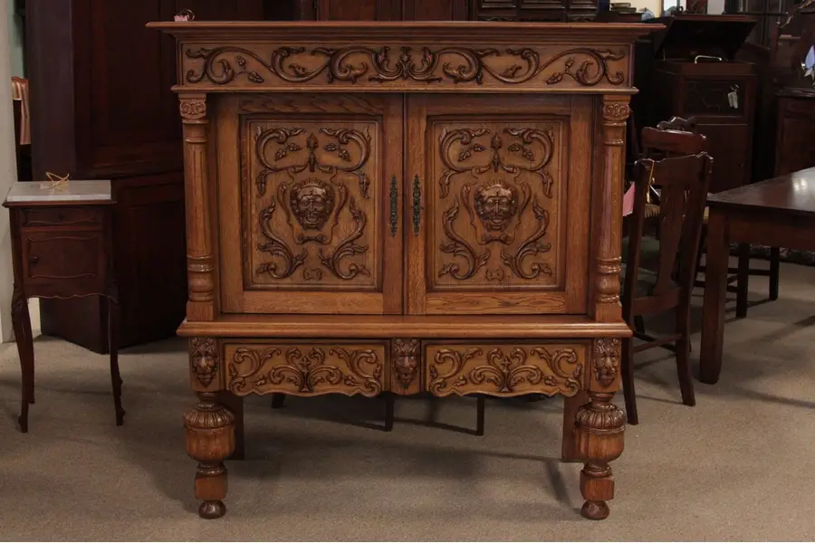 Photo of Carved Oak Bar or China Cabinet, Lion Heads 1940