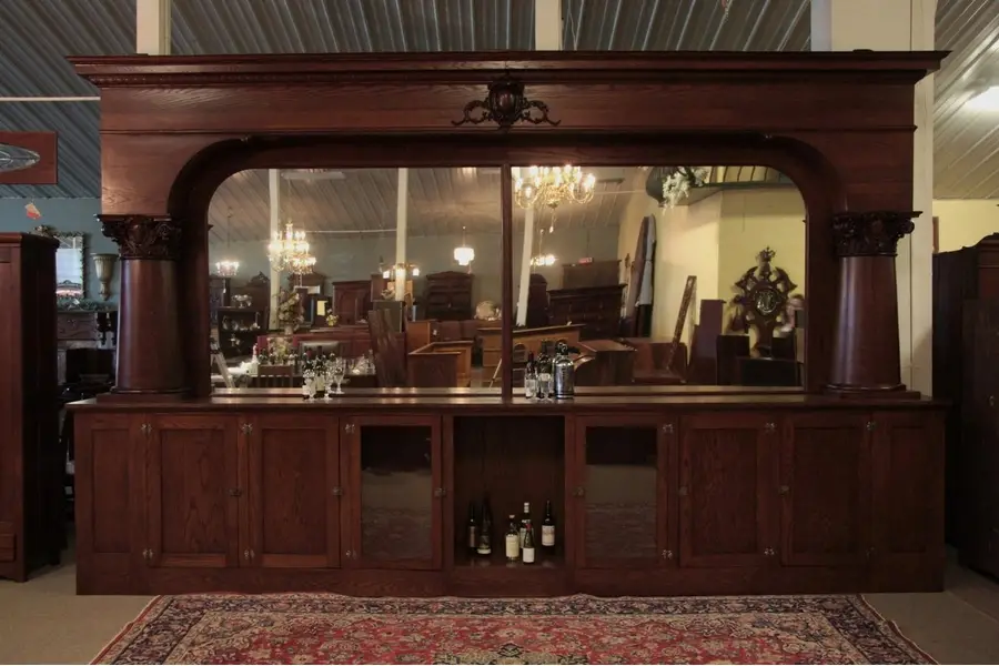 Photo of Victorian 1908 Oak 16' Back Bar, Columns & Mirrors