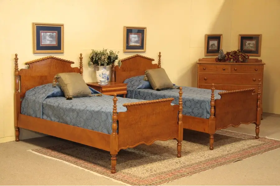 Photo of Pair Antique Tiger Maple Twin Single Beds