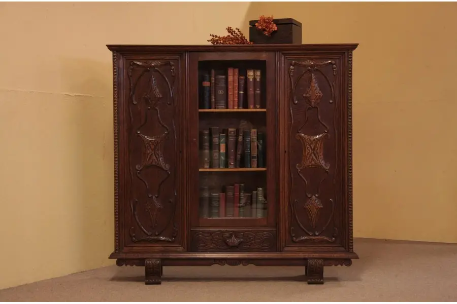 Photo of Carved Oak 1930's Triple Bookcase or Display Cabinet