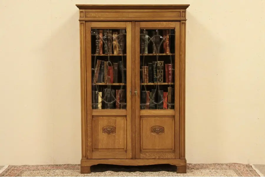 Photo of Oak Bookcase, Leaded Beveled Glass Doors