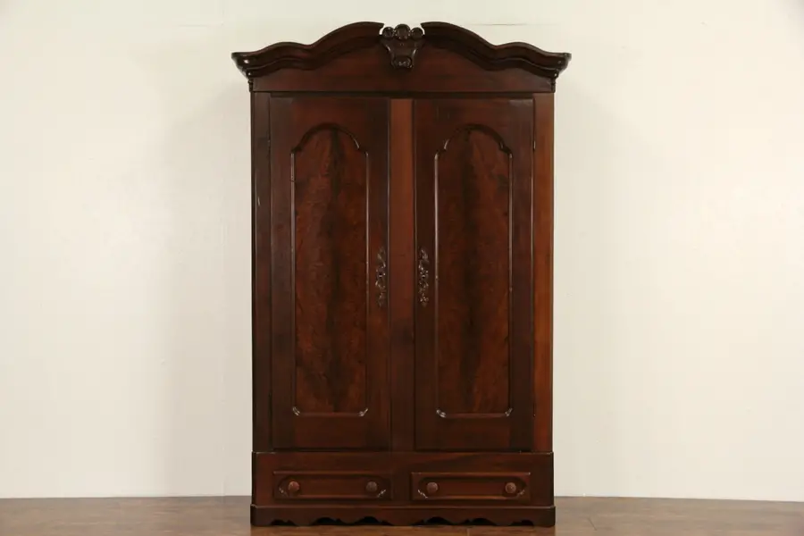 Photo of Victorian 1860's Antique Carved Walnut Armoire, Wardrobe or Closet
