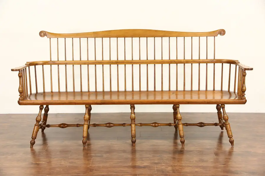 Photo of Country Pine 1850's Antique Windsor Comb Back 87" Hall or Deacon Bench