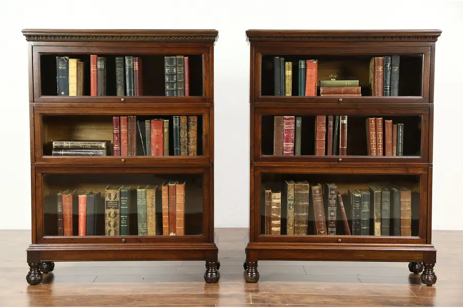 Photo of Pair 1915 Antique Stacking Library or Lawyer Walnut Bookcases, Signed Macey