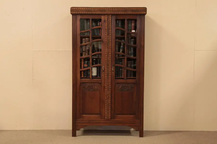 Photo of Carved Pine Antique Bookcase, Glass Doors