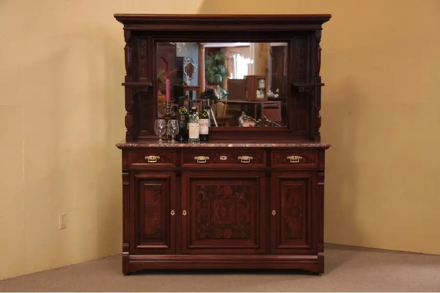 Photo of Victorian Eastlake Sideboard Buffet, Marble Top