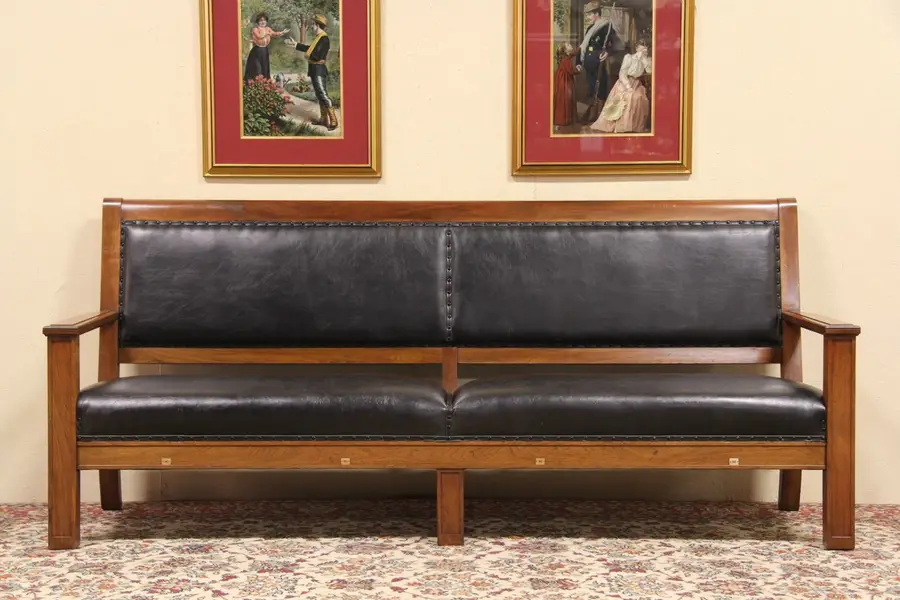 Photo of Railroad Depot 1920's Walnut & Leather Bench