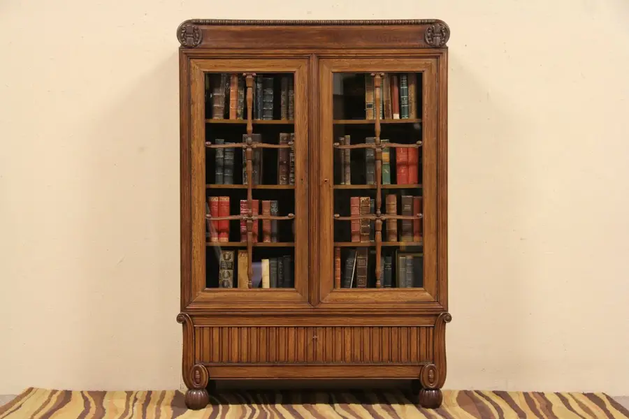 Photo of Carved Oak 1920 German Bookcase, Glass Doors