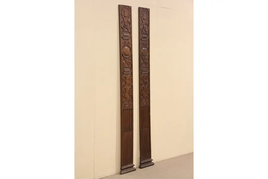 Photo of Pair of Architectural Salvage 1880 Carved Oak Pilasters Door Frame
