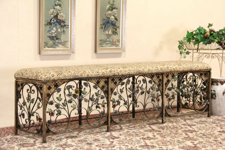 Photo of Wrought Iron Hand Painted 1915 Antique Upholstered Hall Bench