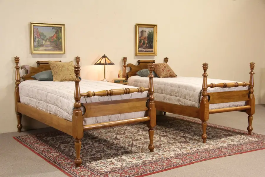 Photo of Pair of Empire 1840's Antique Twin Maple Poster Beds