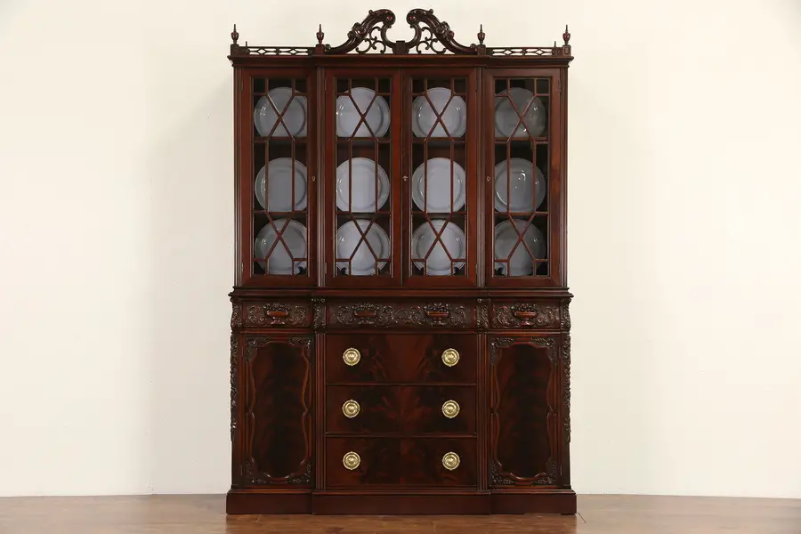 Photo of Georgian Carved 1950's Vintage Mahogany Breakfront China Cabinet or Bookcase