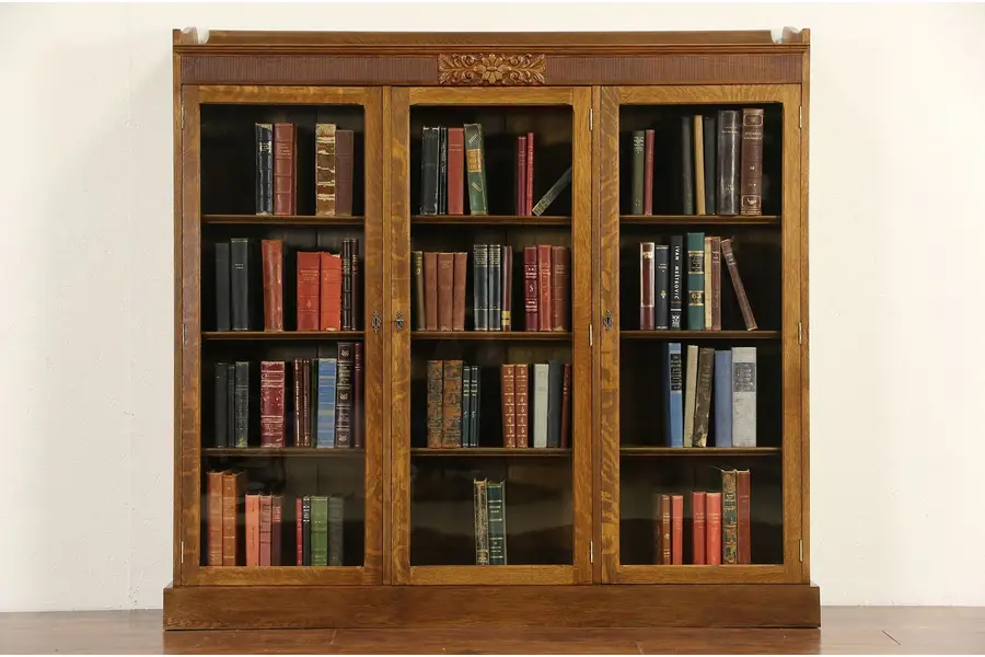 Library Display Bookcase Triple 1900 Antique Oak Library Bookcase, Wavy Glass Doors, Adjustable ...