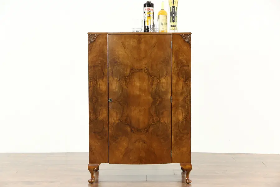 Photo of Italian Olive Burl 1920 Antique Hall Console, Music or Bar Cabinet