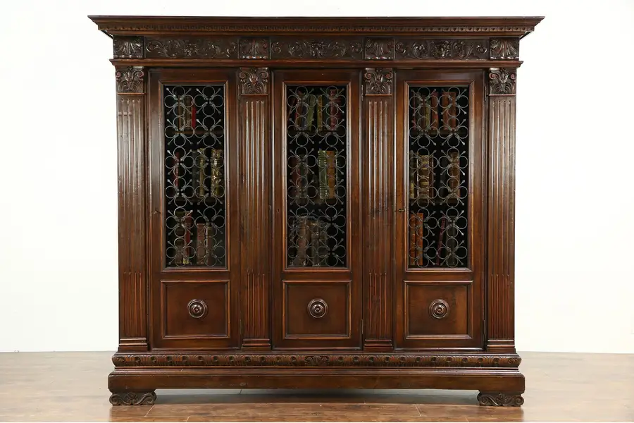 Photo of Renaissance Italian Antique 1890 Bookcase, Iron Grill Doors, Carved Lions