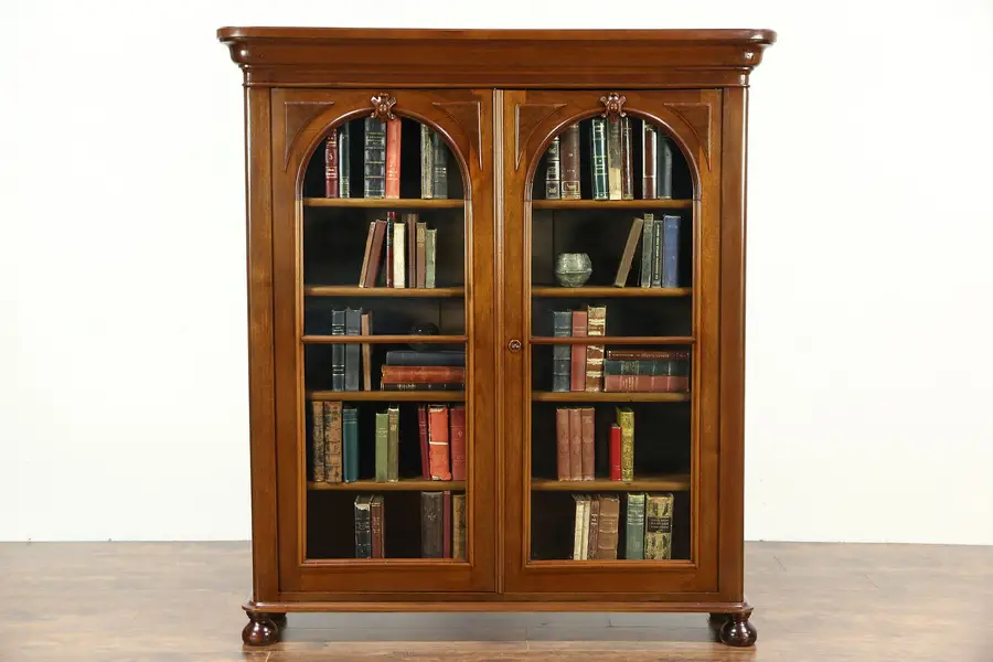 Photo of Victorian Antique 1860 Walnut Library Bookcase, Arched Wavy Glass Doors