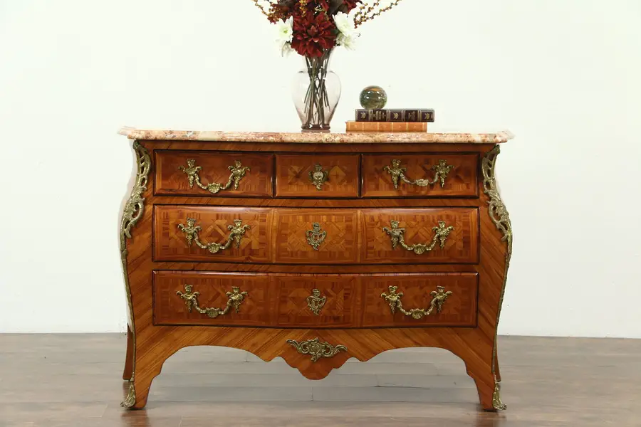 Photo of Italian Vintage Marble Top Tulipwood Marquetry Bombe Chest or Commode