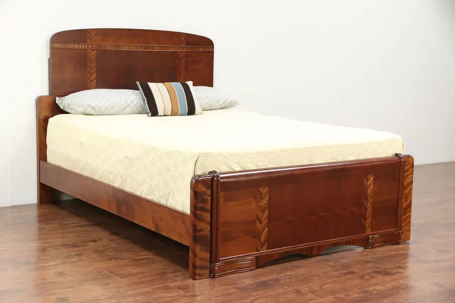 Photo of Art Deco Vintage 1930's Queen Size Bed, Rosewood, Walnut & Burl
