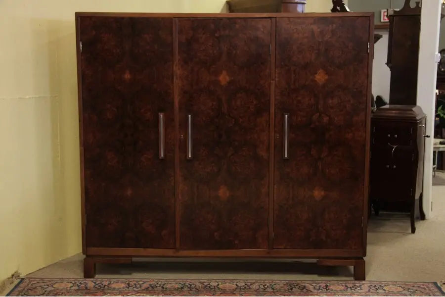 Photo of Art Deco Walnut and Burl Triple Armoire