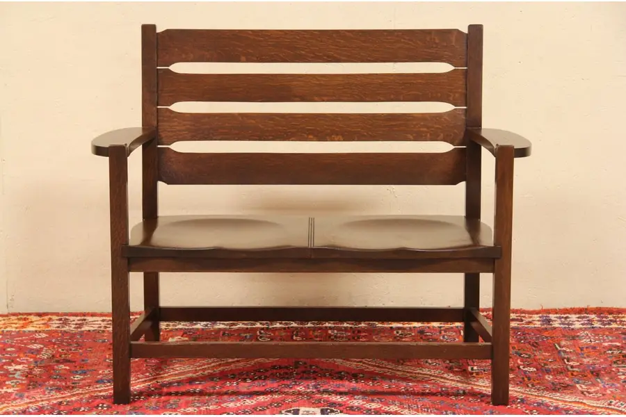 Photo of Arts & Crafts Oak 1905 Antique Courthouse Bench