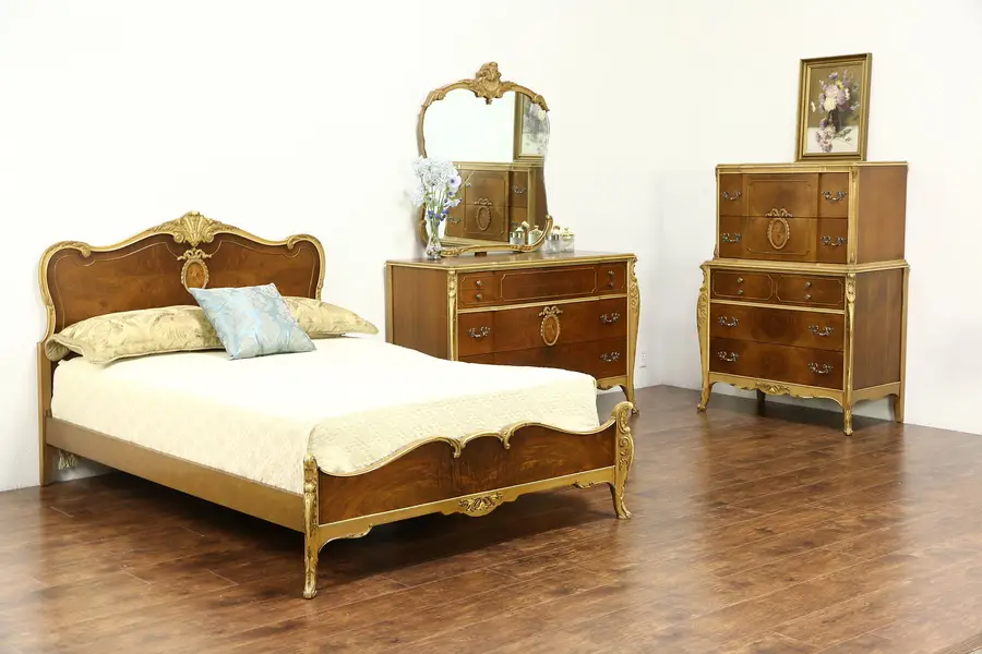 Photo of French Style 1940's Vintage 3 Pc Bedroom Set, Full Size Bed, Signed Joerns