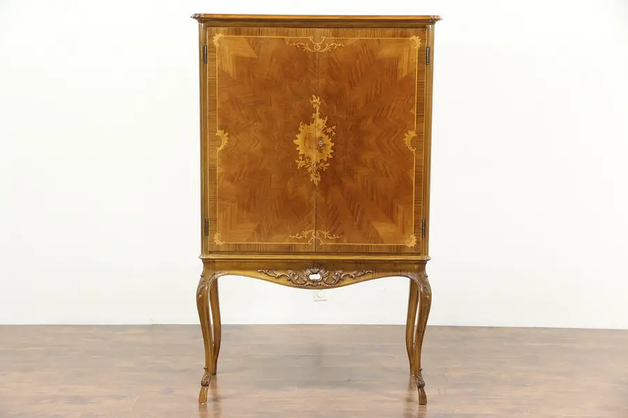 Photo of French Rosewood Marquetry 1930's Vintage Lighted Bar Cabinet