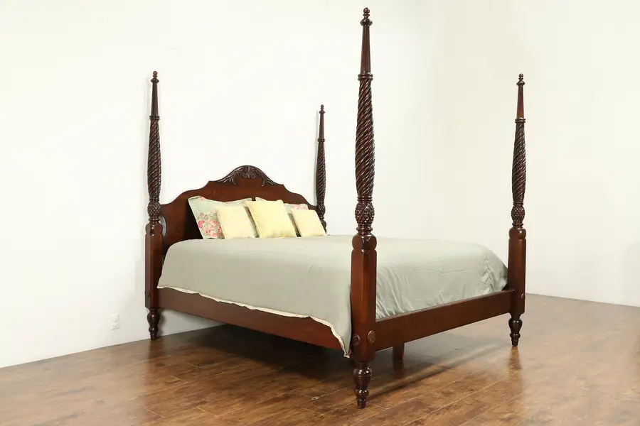 Photo of Ethan Allen Vintage Carved Cherry King Size Poster Bed, British Classics