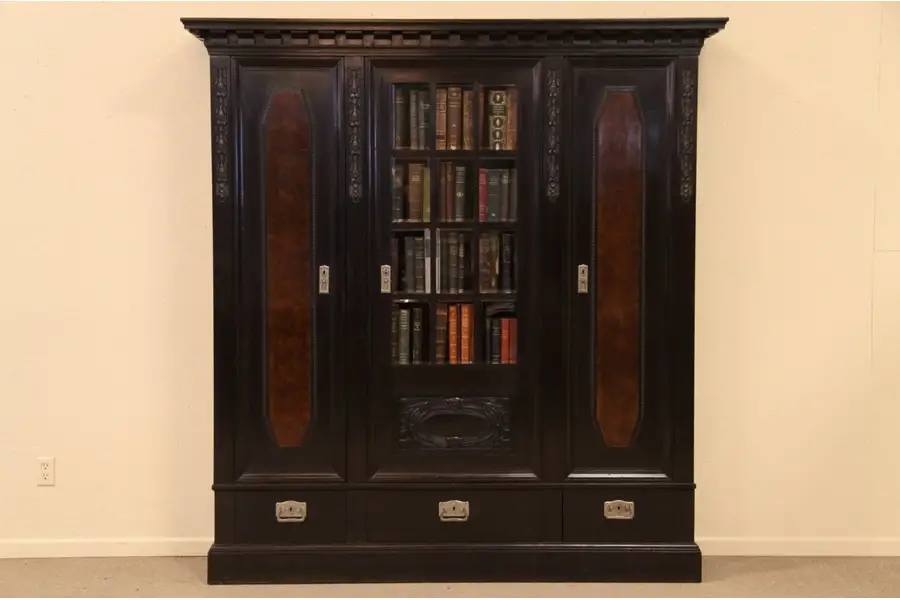 Photo of Carved Triple Antique Bookcase, Beveled Glass