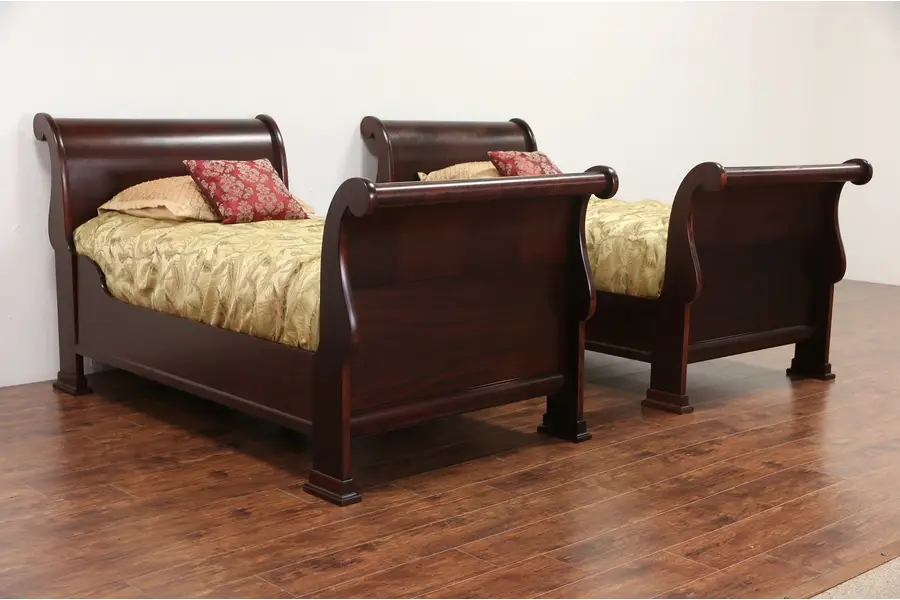 Photo of Pair of 1910 Antique Twin Size Flame Mahogany Sleigh Beds