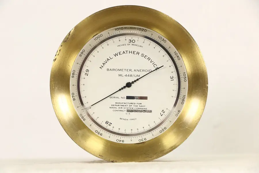 Photo of Barometer, Ship Nautical Salvage WW II Era Brass Aneroid Signed Bendix Friez