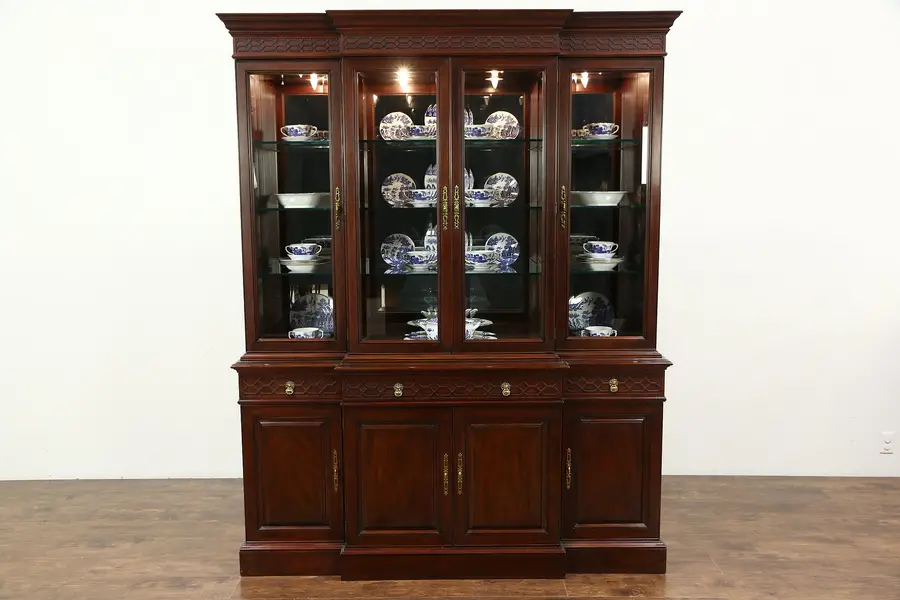 Photo of Henkel Harris Signed Mahogany Breakfront China Cabinet, Beveled Glass, 1996