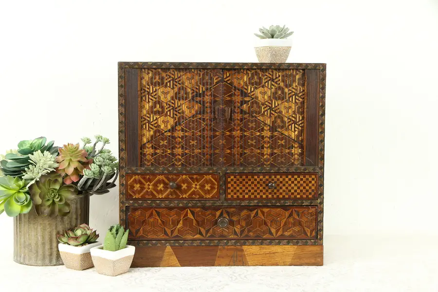 Photo of Japanese Antique Jewelry Chest, Mt. Fuji Marquetry, Rolltop Door