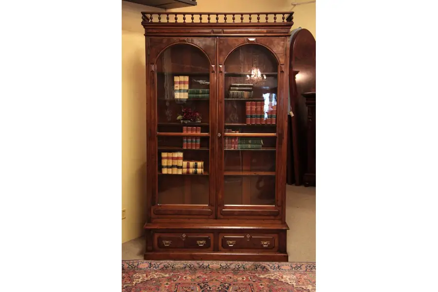 Photo of Tall Victorian Antique Walnut Burl 1870 Bookcase