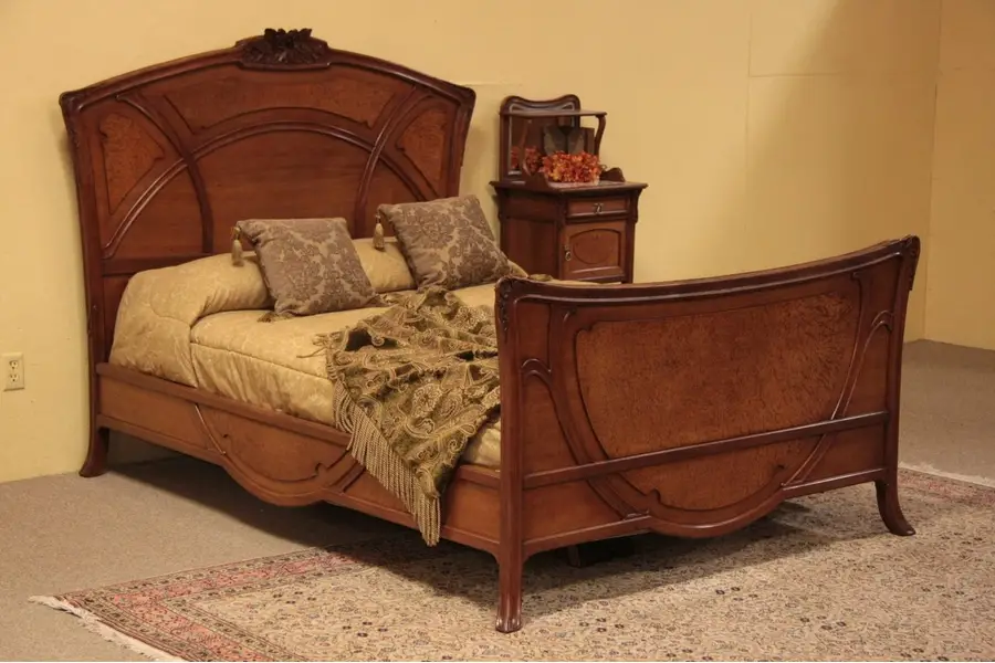 Photo of Art Nouveau Mahogany & Birdseye Antique Bed