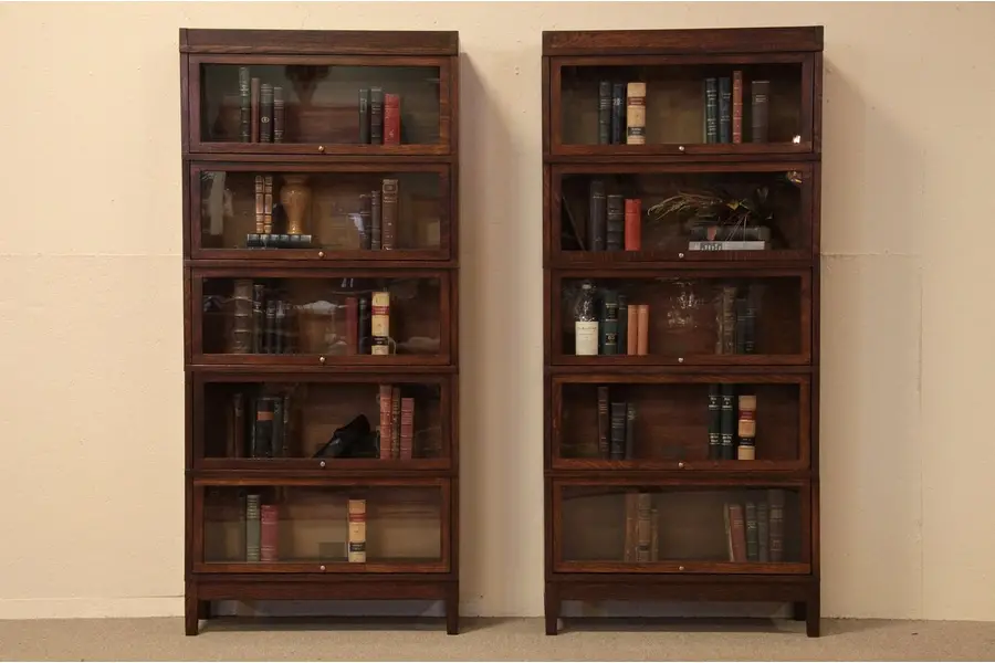 Photo of Pair Arts Crafts Mission Oak 5 Barrister Bookcases