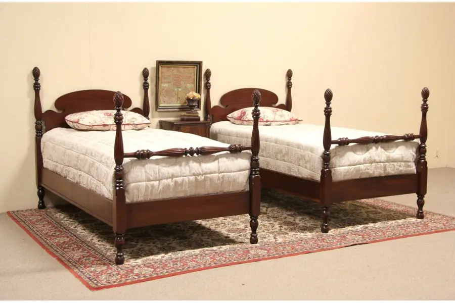 Photo of Pair 1930's Twin Size Mahogany Pineapple Poster Beds
