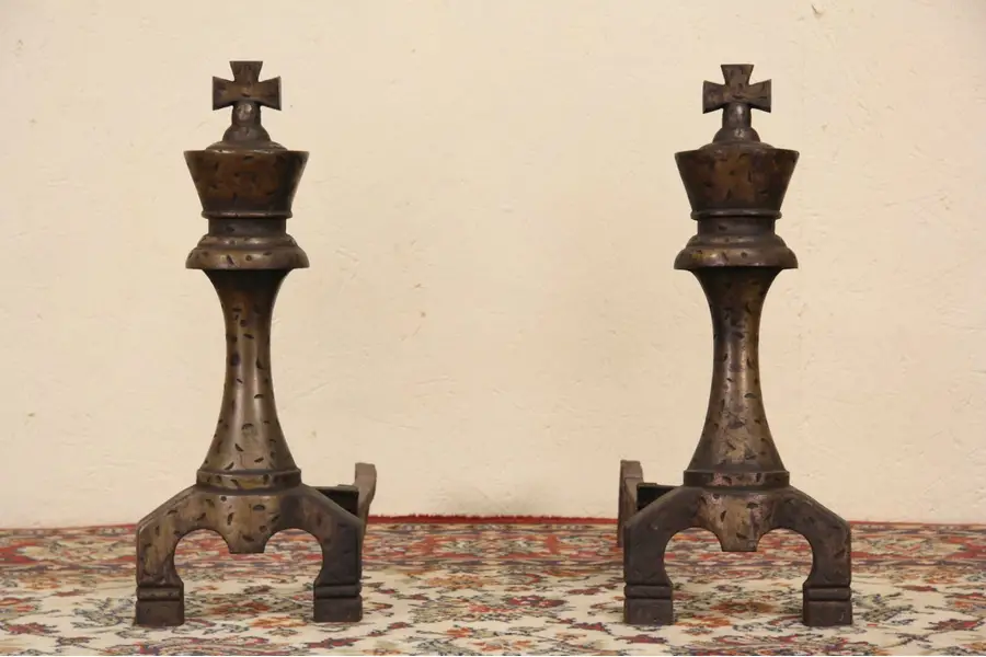 Photo of Pair of Arts & Crafts Mission 1900 Hammered Iron Fireplace Andirons